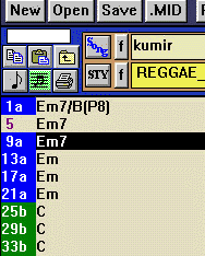 Фрагмент рабочего окна программы Band-in-a-Box с примером записи аккордов